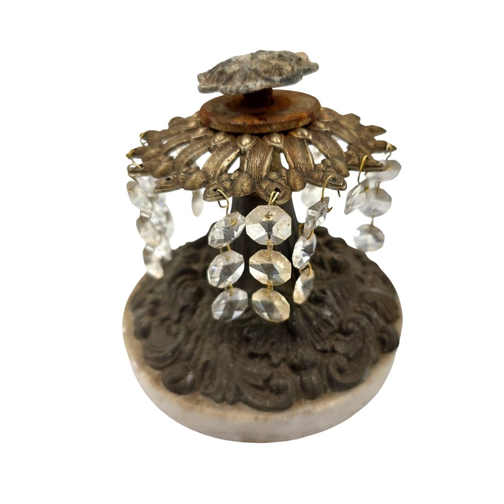 Vintage Marble and Cast Metal Lamp Base with Glass Crystal Prisms and Finial O2